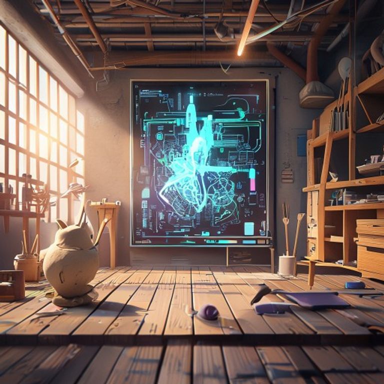A cartoon scene depicting a futuristic AI art generator creating a complex digital masterpiece, juxtaposed with a simple, unfinished clay sculpture on a wooden workbench, illustrating the contrast between advanced AI creativity and intrinsic human artistic expression.