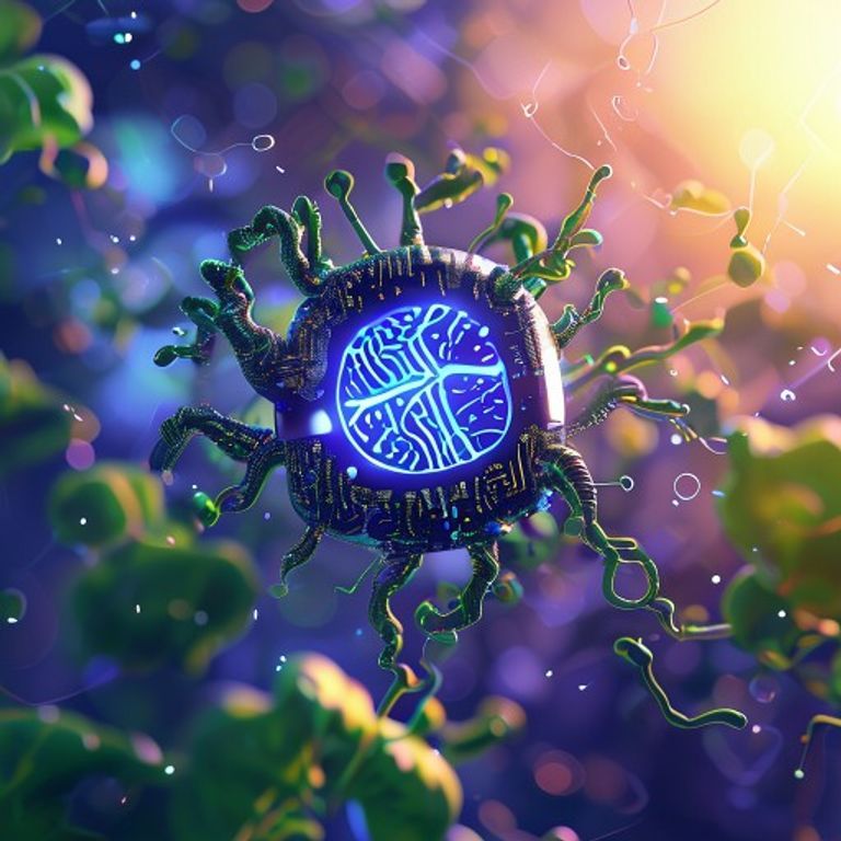 Cartoon illustration of an AI core merging with biological structures, symbolizing AI's role in designing vaccines.
