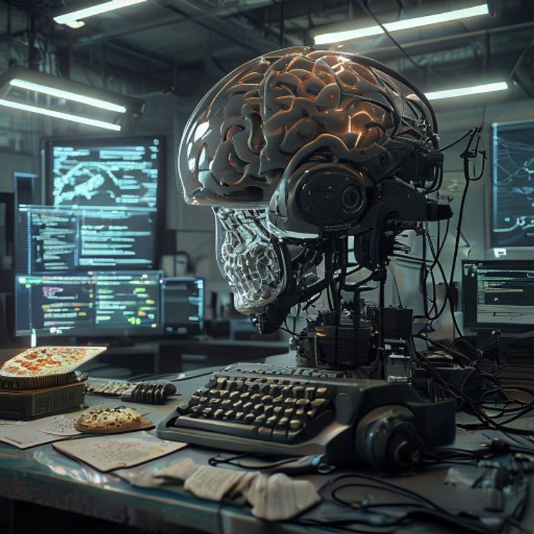 A massive, anachronistic brain-reading helmet with glowing elements sits on a cluttered lab desk, surrounded by vintage typewriters and futuristic holographic keyboards, with screens displaying chaotic brainwave data in a high-tech yet messy laboratory setting, depicting the humorous and unsettling implications of thought-to-text technology.