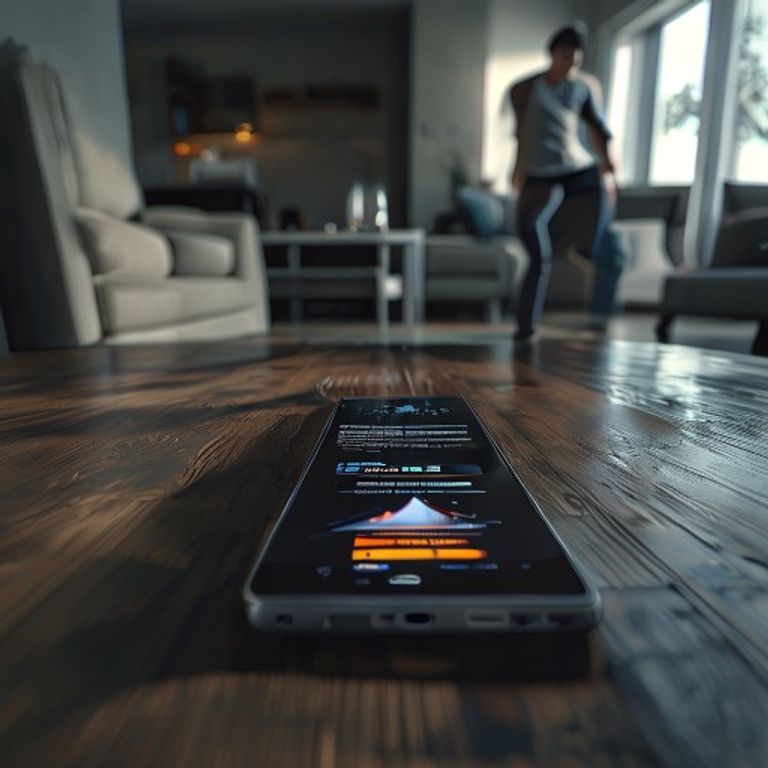 A photorealistic image of an Android smartphone displaying an earthquake alert on a wooden desk, while a person quickly takes cover in a home setting.
