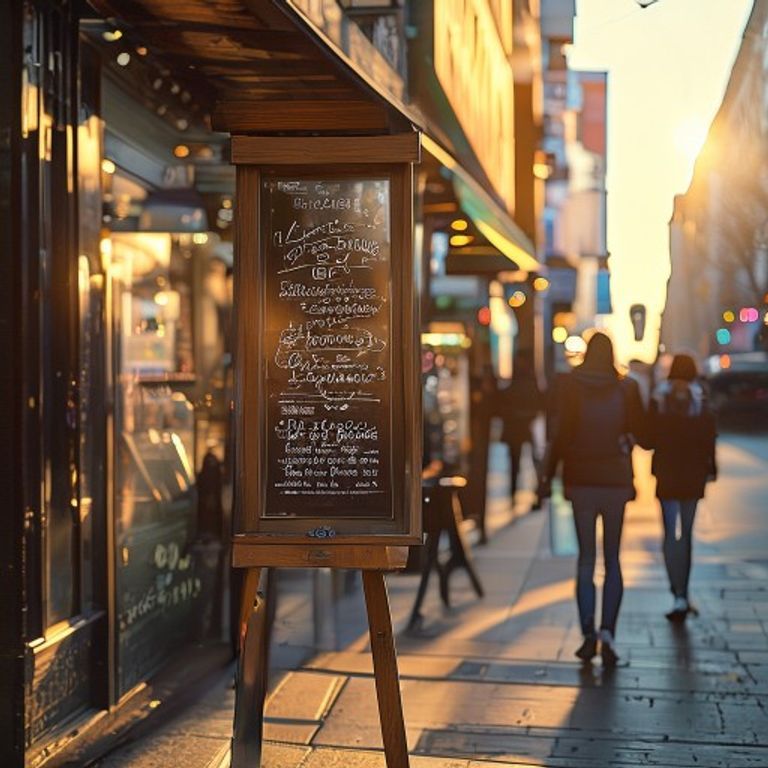 A warm, golden-hour digital illustration showing a well-designed chalkboard sign for a local coffee shop on a city street, subtly attracting attention amidst pedestrians distracted by their glowing smartphones.