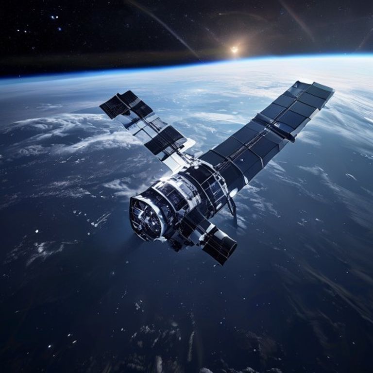 A futuristic AI-focused satellite with glowing internal components orbits above Earth, reflecting the sun's harsh light against the dark, star-filled void of space.