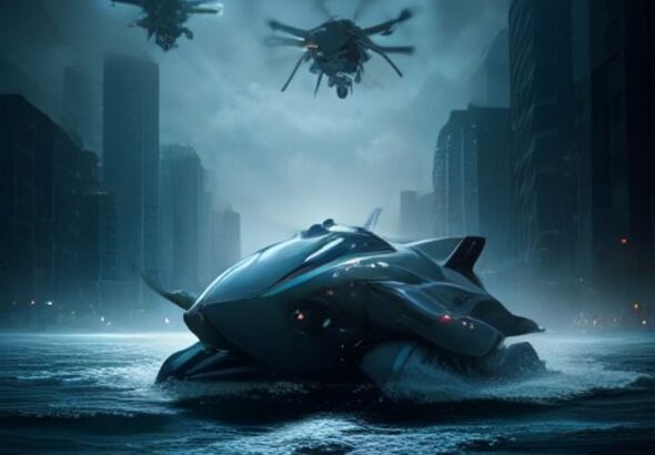 Cartoon illustration of a futuristic, spider-like rescue drone skimming across a flooded urban landscape under a dramatic, overcast sky.