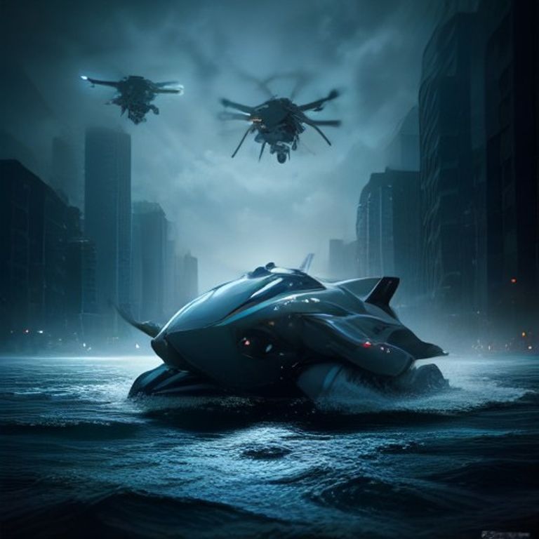 Cartoon illustration of a futuristic, spider-like rescue drone skimming across a flooded urban landscape under a dramatic, overcast sky.