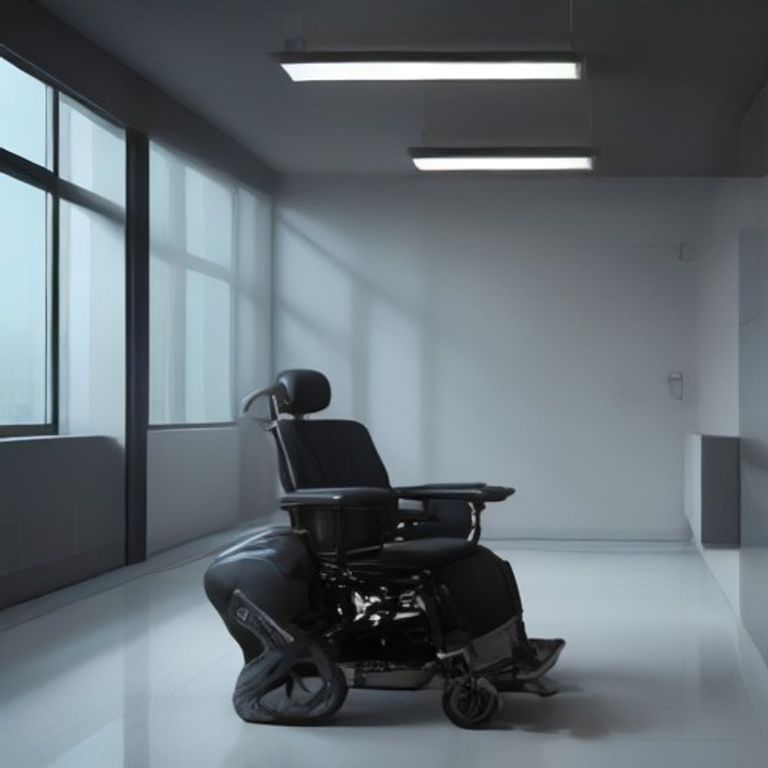 An unoccupied, sleek, modern powered wheelchair positioned in a bright, contemporary room with large windows overlooking a serene outdoor garden path, symbolizing independence and advanced accessibility.